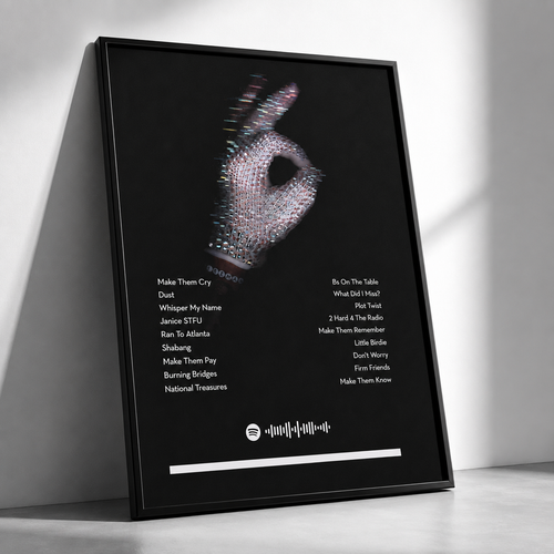 A framed Spotify songlist art print leaning against a white wall. The print features a black background with a rhinestone-embellished hand gesture and lists of song titles in white text.